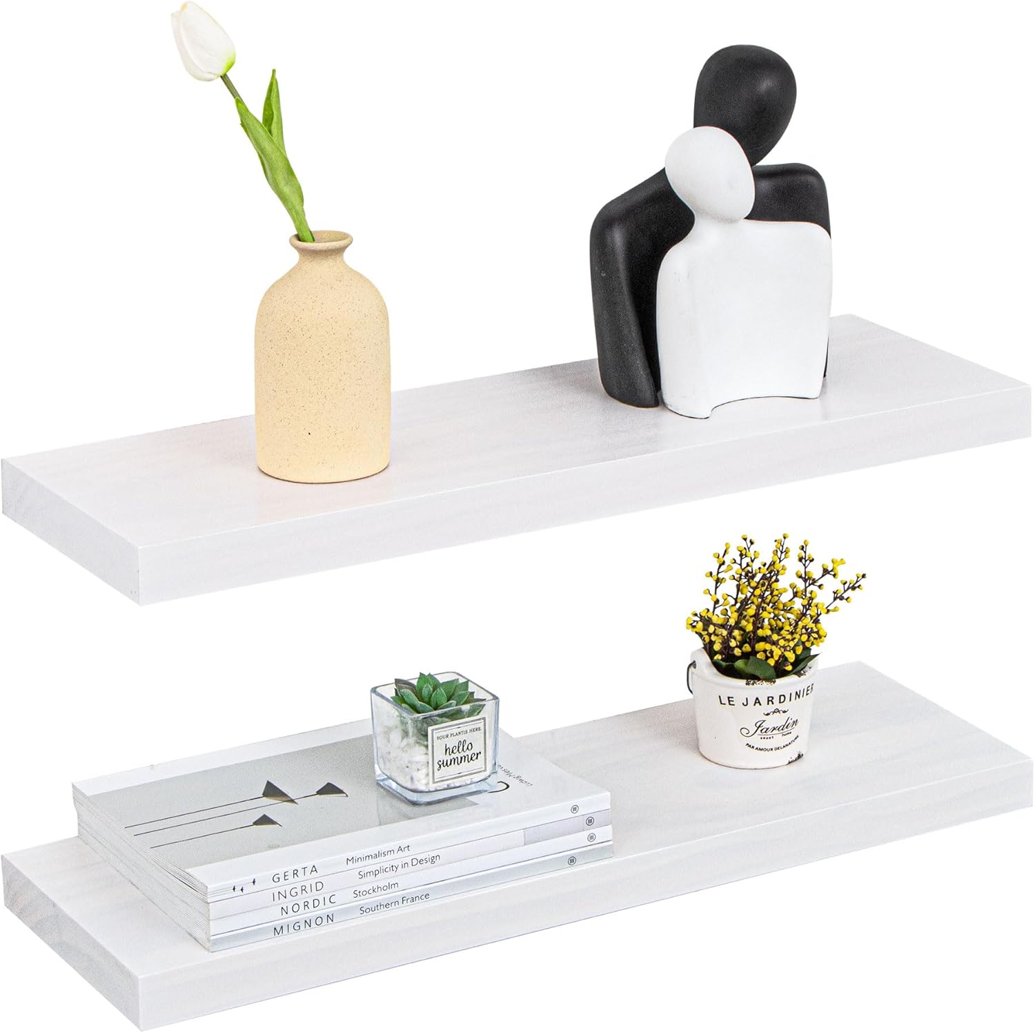 Farmhouse Floating Shelves - 8 Inch Deep Rustic Wood Wall Shelf - Premium Solid Pine Wood Storage Shelf Display Shelf for Kitchen Living Room Bedroom - 24"W x 8"D - Set of 2 - White Color Classic White - Soft Neutral Satin Flat Edge, 24"L, 2Packs