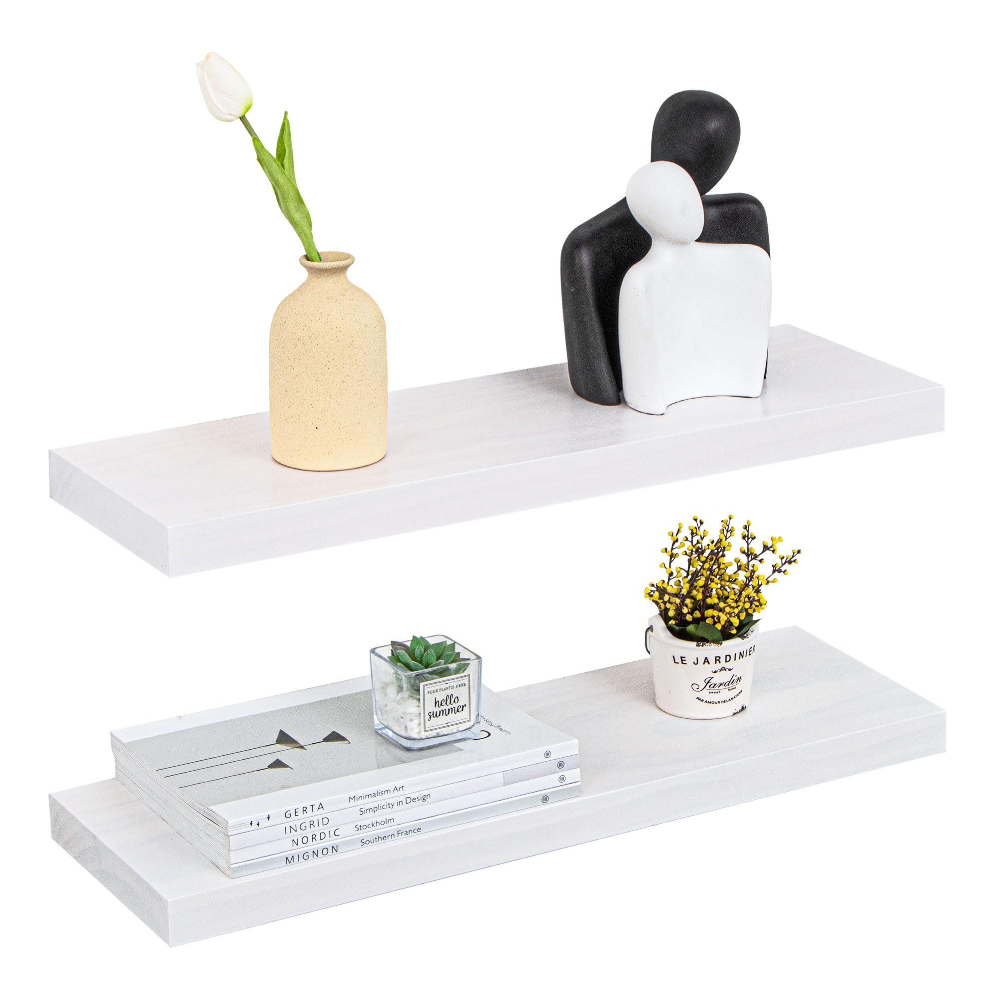 Photo 1 of Farmhouse Floating Shelves - 8 Inch Deep Rustic Wood Wall Shelf - Premium Solid Pine Wood Storage Shelf Display Shelf for Kitchen Living Room Bedroom - 24"W x 8"D - Set of 2 - White Color White 24"W x 8"D, Set of 2