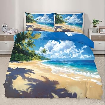 Blue Sea Duvet Cover Set California King Bedding Sets Palm Fronds Bedding Hawaii Beach Comforter Cover,for Kids Boy Women Teen Girl, Bedroom Decor 3 Piece