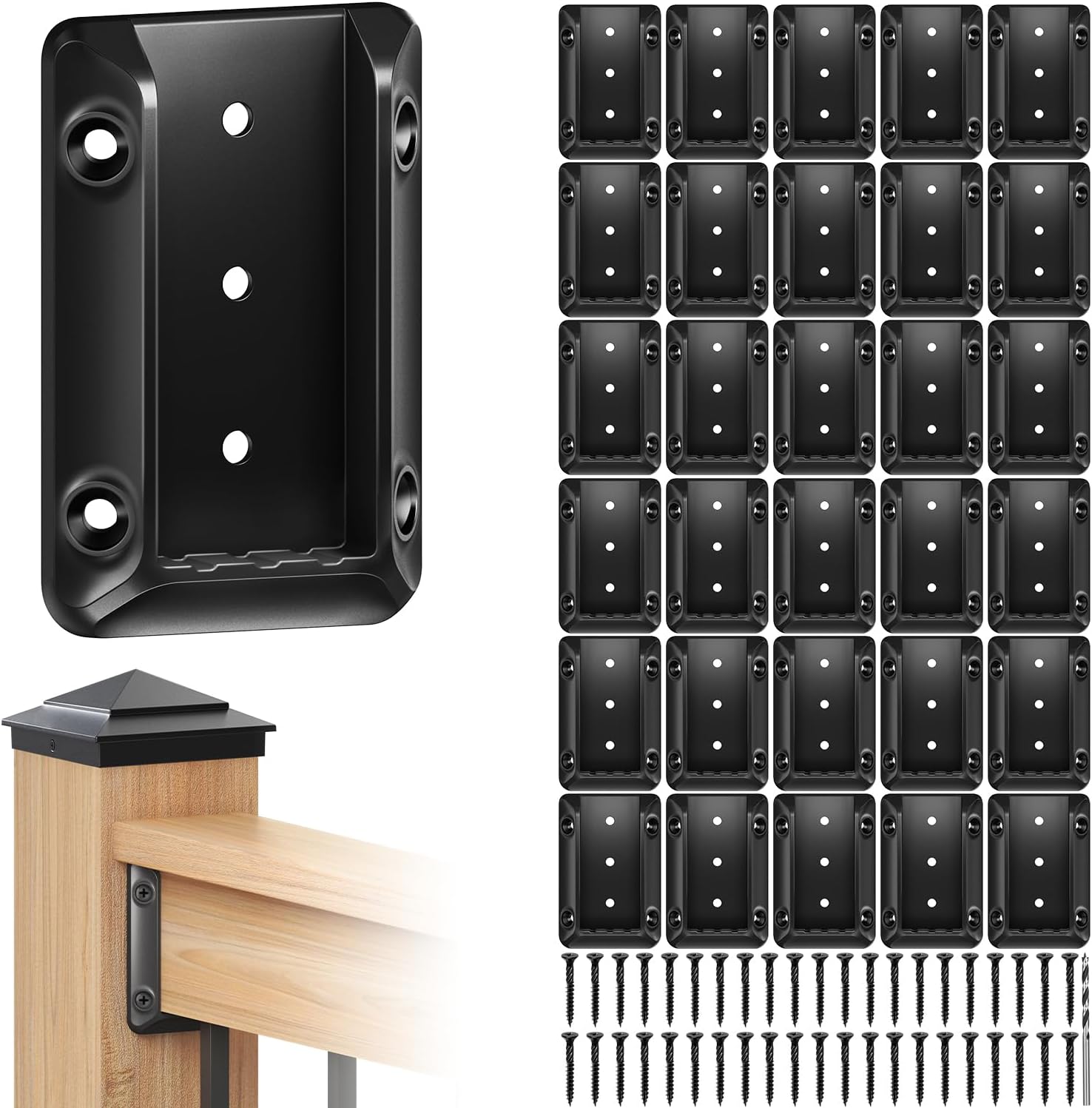 30pcs Deck Railing Bracket Connectors, 2x4 (1.5’’x3.5’’) Brackets for Wood Deck Railing Post, Railing Connectors for Handrail with Reinforced Screws and a Drill Bit, Fence Railing Brackets
