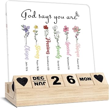 Christian Gifts for Women, Wooden Block Calendar for Desk, Religious Gifts for Coworker Female, God Says You Are Desk Sign, Inspirational Bible Verse Acrylic Plaque, Floral Home Office Decor