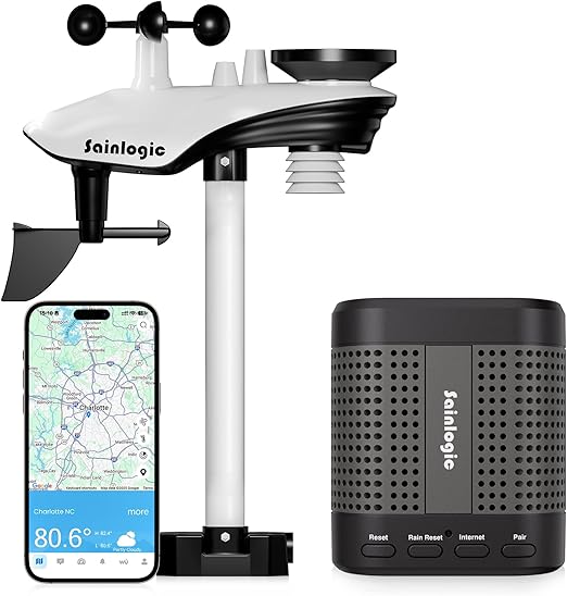Sainlogic WiFi Smart Weather Station SA7 with 24H/ 7D Accurate Weather Forecast by Weatherseed® AI,Wireless Indoor Outdoor Weather Station with Rain Gauge and Wind Speed,2-Year Data Storage(Only 2.4G)