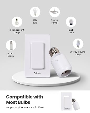500W Remote Control Light Bulb Socket, Wireless Light Switch for Pull Chain Lighting Fixture, E26 E27 Bulbs Base Holder, Programmable, No Wiring Needed, for Bedroom, Stair, Closet & Garage | 300ft, for Pull Chain Light Fixture, E26 E27 Bulbs Base Holder, Programmable, No Wiring, for Bedroom, Stair, Closet & Garage