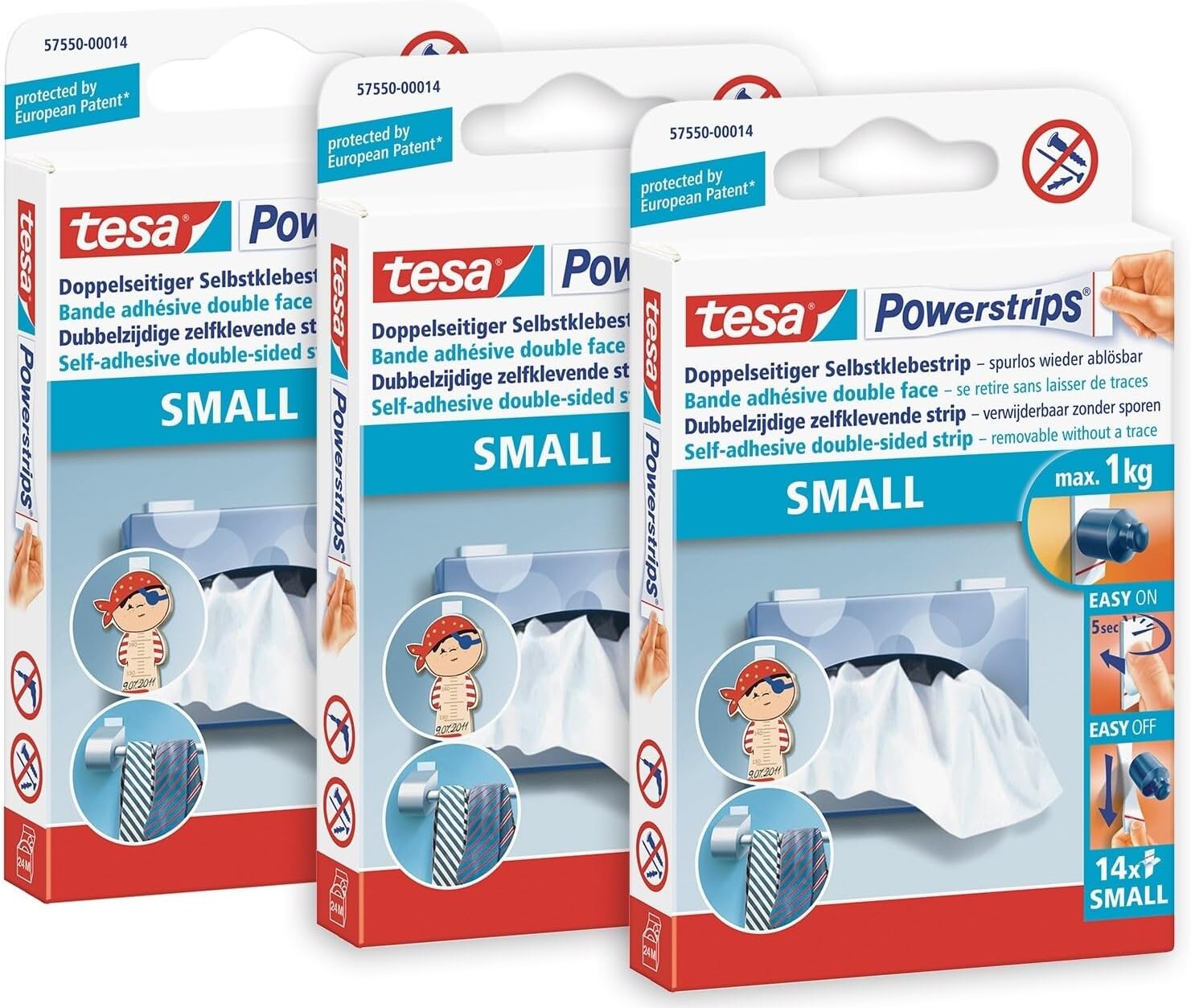 tesa Powerstrips Small - Double-Sided Adhesive Strips for Mounting Objects on Smooth Surfaces - Up to 1 kg Holding Power - 3 Packs of 14 Powerstrips