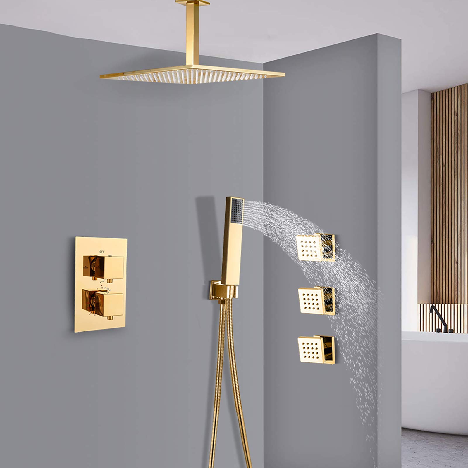Zestaw prysznicowy z termostatyczną mieszaczem i deszczownicą Gold Rain, montowany na suficie, z baterią natryskową, deszczownicą, słuchawką prysznicową, wbudowanym,8 Inches