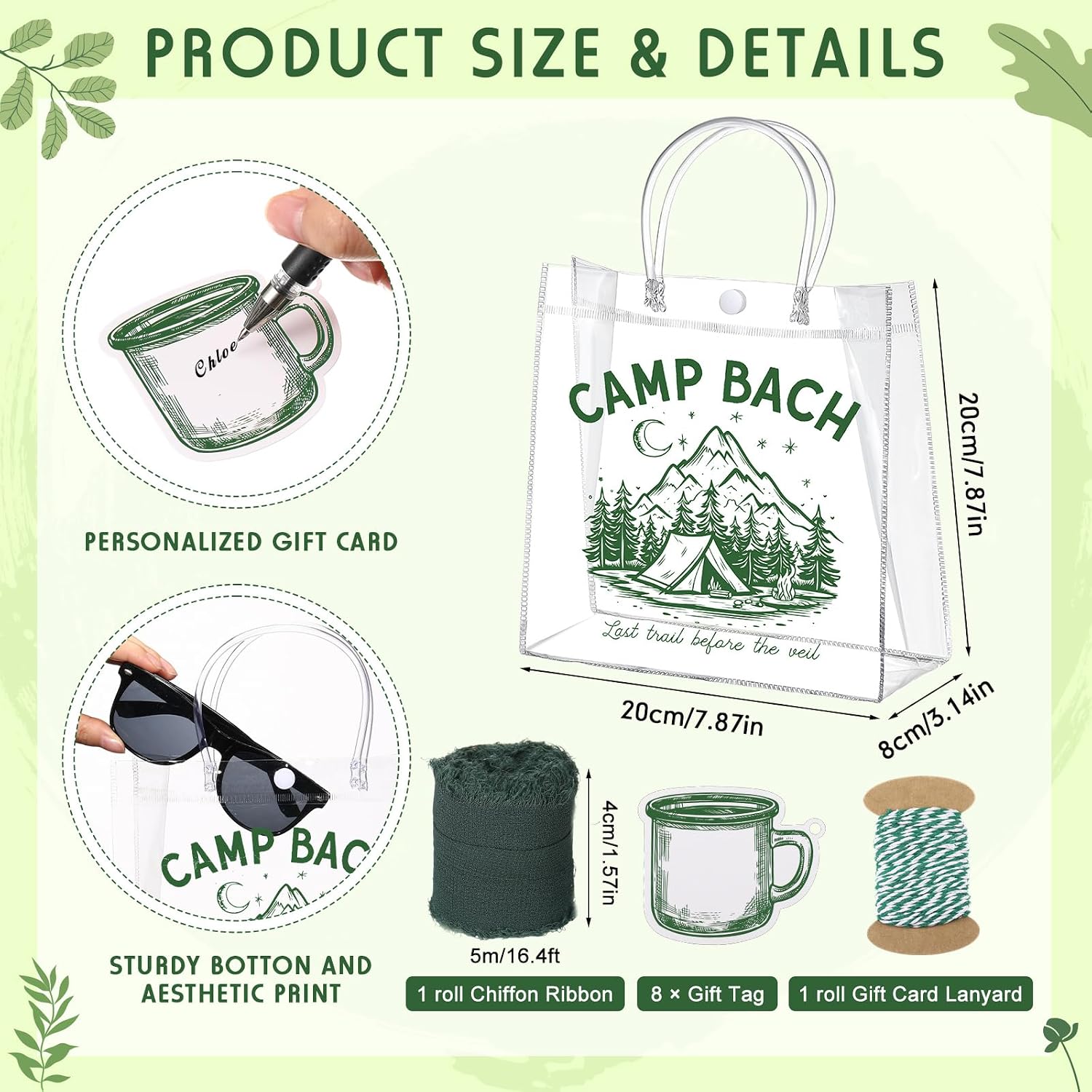 Kolldenn 10 Pcs Camp Bach Clear Gift Bags Green, Bridesmaid Party image 2