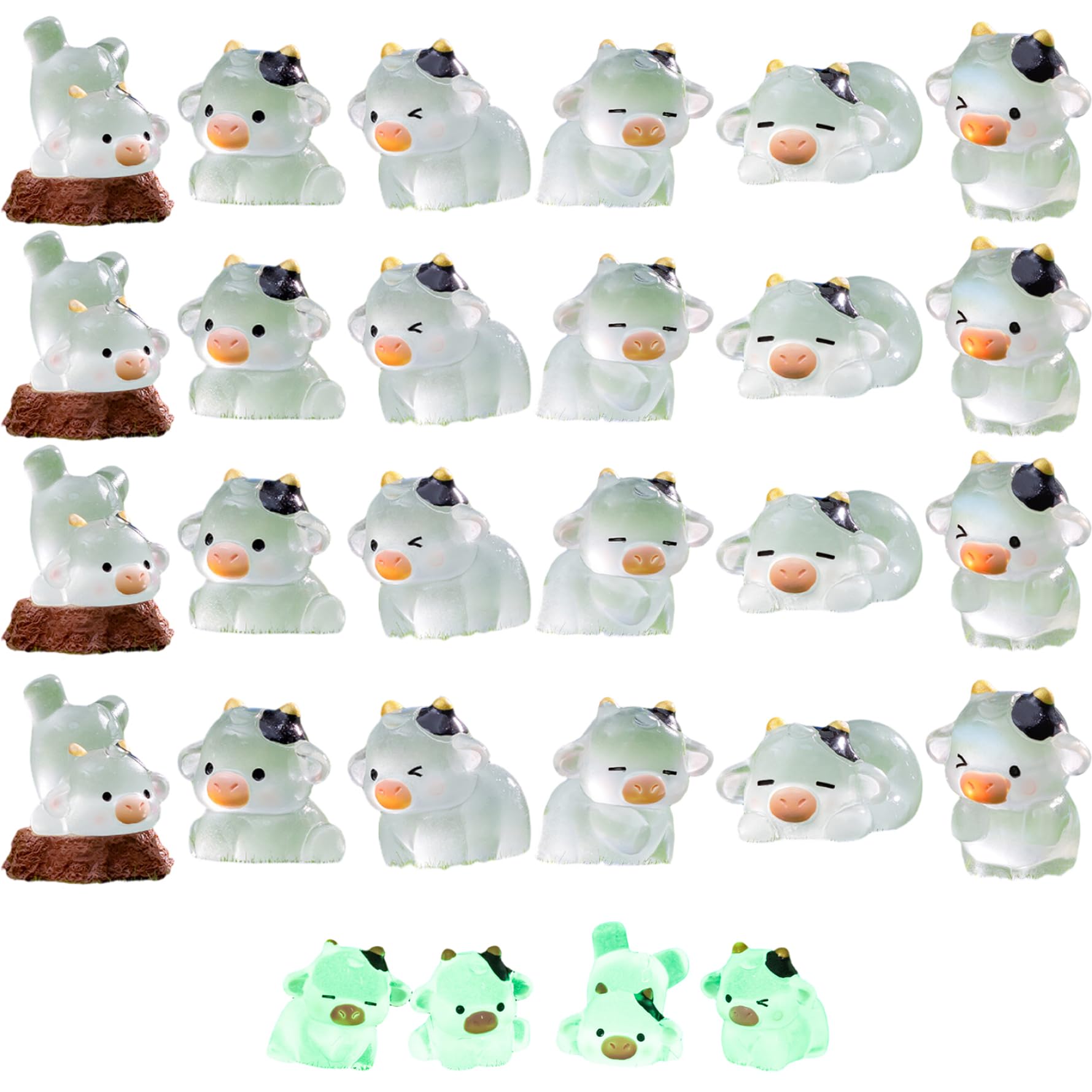 Eeetiscna 24Pcs Glow in the Dark Mini Resin Cows, Cute Tiny Animal Figurines for Indoor Outdoor Garden Decor