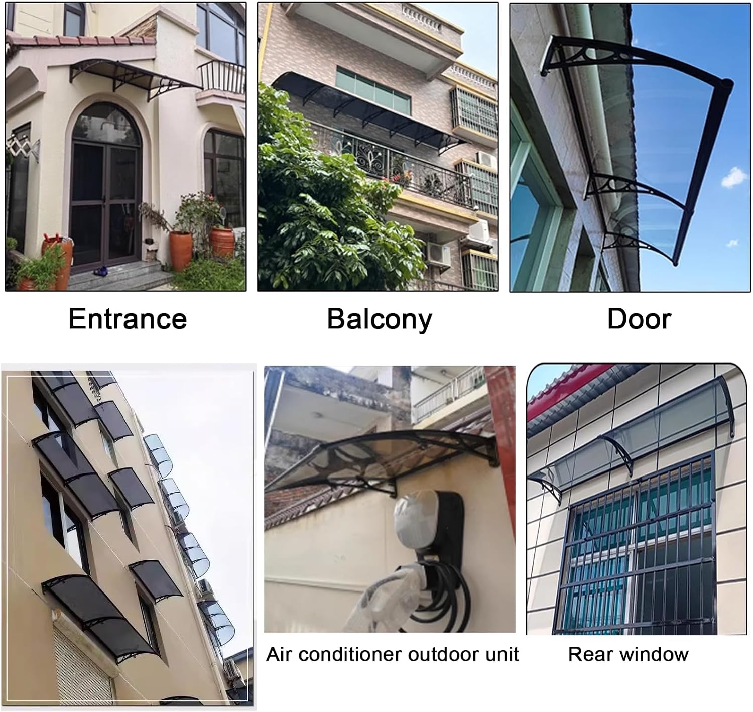 Door Awning,Outdoor Window Rain Shelter,Uv Rain Snow Protection Outdoor Awning Window Garden Canopy Patio Porch Awning,Polycarbonate Cover,with Black,White,Grey Bracket (60x250cm/24 x98,Bla