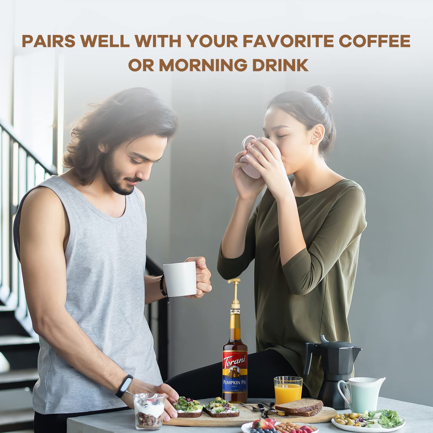 Premium French Vanilla Syrup and Classic Caramel 750 ml Coffee Syrup Flavoring With Alpha Pantry Gold Pump Coffee Syrup Dispenser