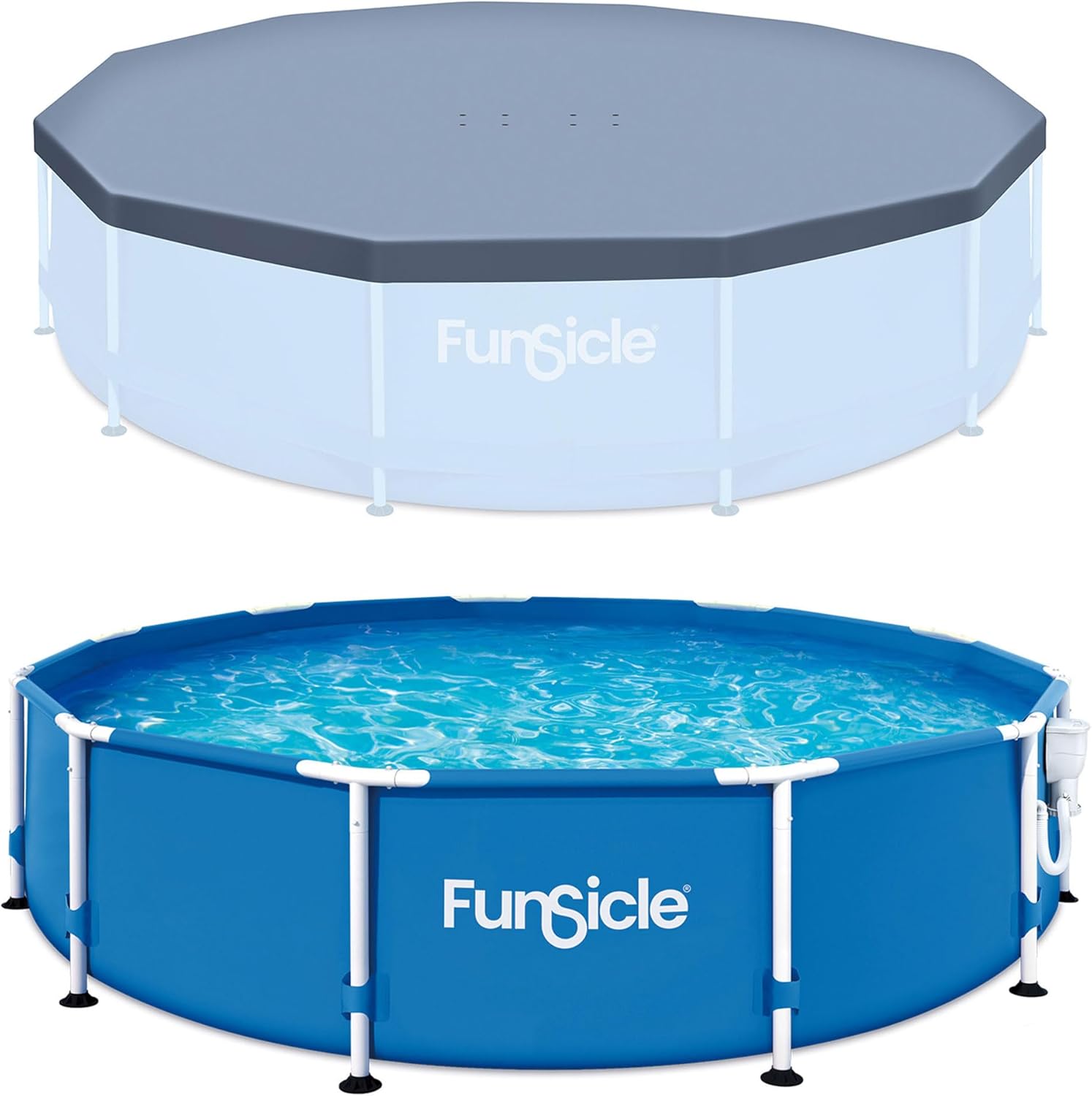 Funsicle 12' x 30" Outdoor Activity Round Metal Frame Above Ground Swimming Pool Set with 12' Secure Debris Pool Cover & SkimmerPlus Filter Pump, Blue