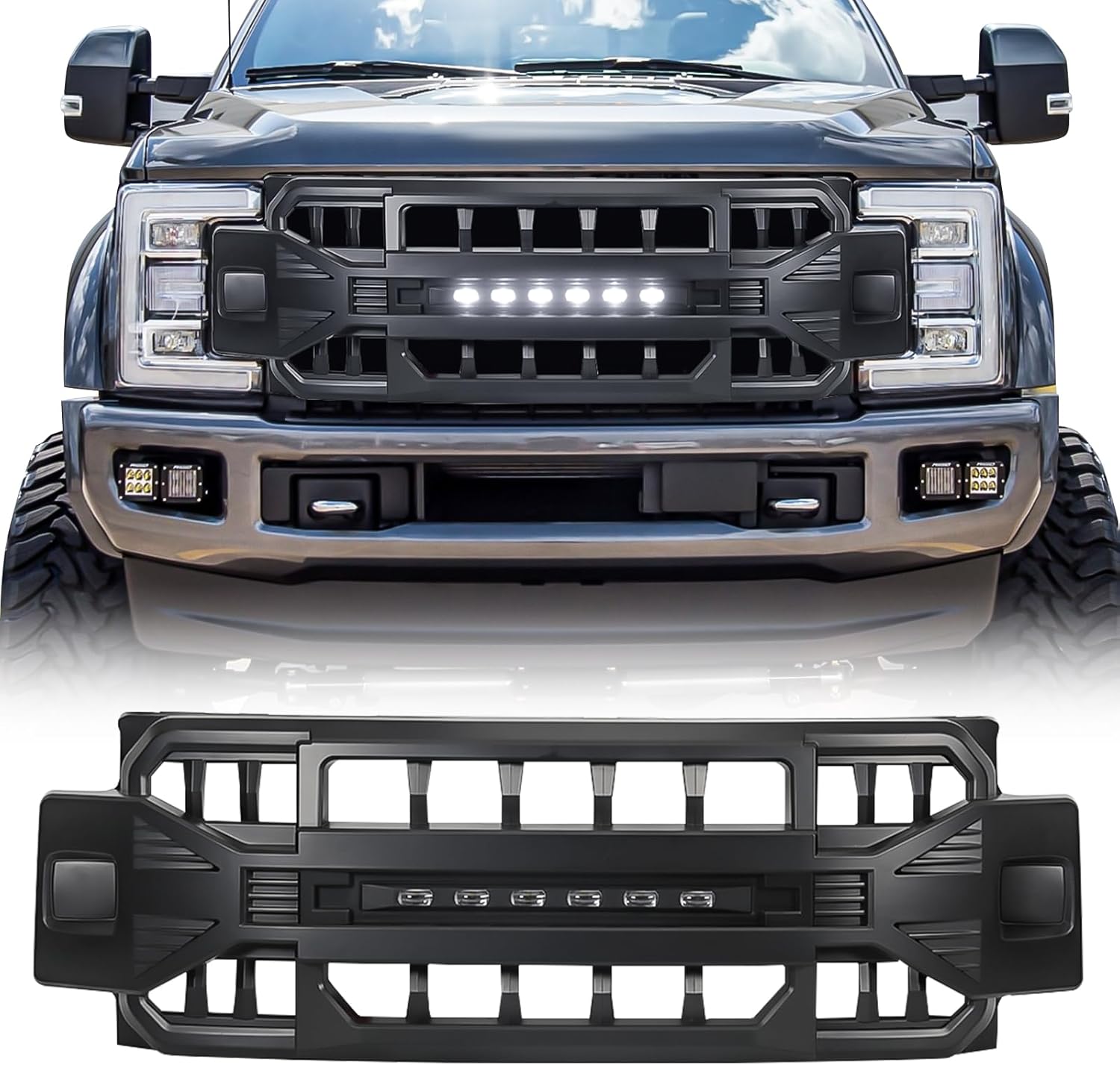Front Grill Compatible with 2017-2019 F250 F350 F450 Super Duty, Matte Black Bumper Grille Guard w/Off-Road Lights