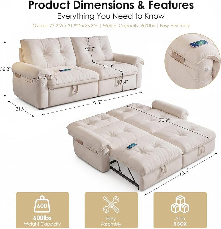 howcool Queen Sleeper Sofa Bed, 77" Pull Out Couch image 2