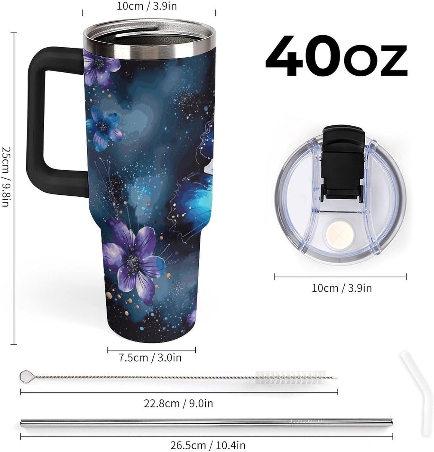 40 Oz Tumbler with Straw And Lid Galaxy Blue Butterfly Insulated Travel Coffee Mug Stainless Steel Water Bottle Vacuum Insulated Tumblers for Sport Work Car Travel Weekends