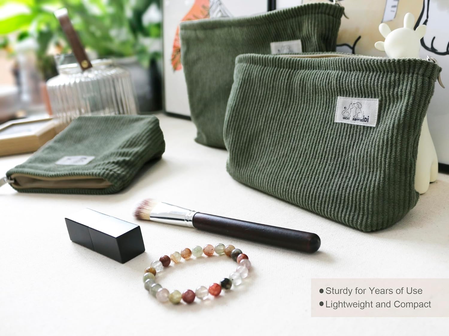 HAPPYHEIDI Corduroy Makeup Bag Set 3 Cosmetic Toiletry Travel Pouch Organizer for Purse Tote, Women Girls Gift, Large Medium Small, Solid Sage Green