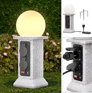 Wegeleuchten Außen mit 4 Steckdosen, Lichtsensor, Höhe 38 cm, 3m-Kabel, Marmor-Optik, LED, IP44 Gartenlampe Gartenleuchten mit Strom für Terrasse, Garten, Rasen