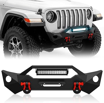 Stubby Front Bumper Compatible with 2018-2026 Jeep Wrangler JL JLU & Gladiator JT Built-in 2 x Fog Light Holes, Winch Plate, License Plate Bracket & D-rings 2/4 Doors, Black