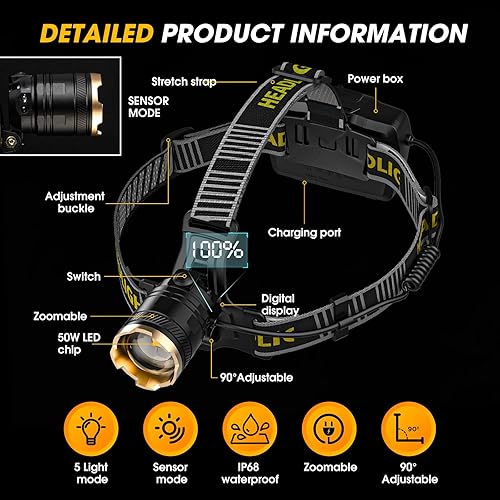 Miniatura 7 de Linterna frontal recargable de 1,000,000 LM, luces de cabeza ajustables de 90 para la frente, faros para adultos recargables, lámpara de cabeza