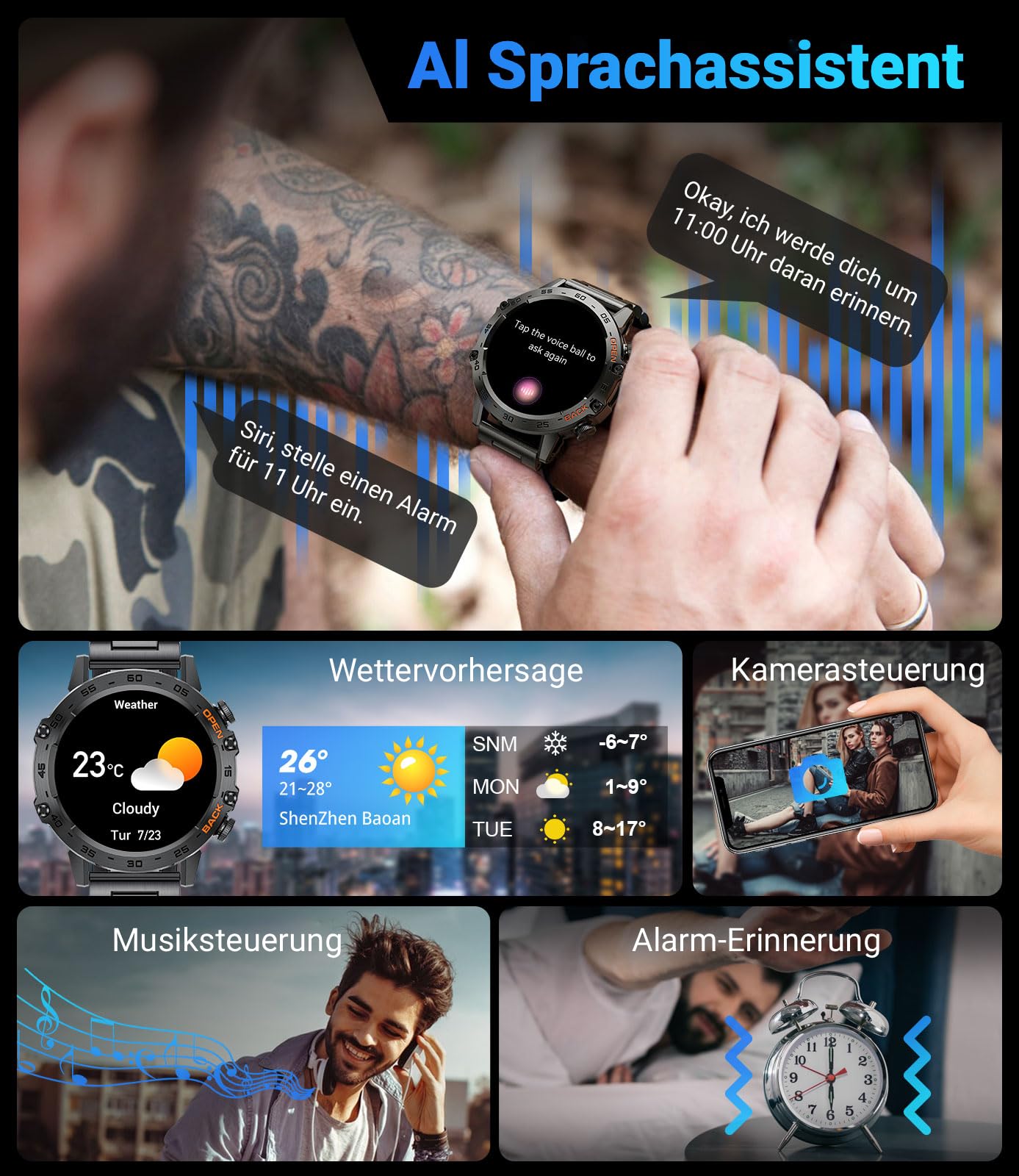LIGE Smartwatch Herren mit Telefonfunktion, 1,39 Zoll Militär Smart Watch mit 24H Herzfrequenz, Blutdruck, Schlafdauer, 100+ Sportmodi Fitnessuhr, 300+ Zifferblätter, IP67 Wasserfest, Schwarz