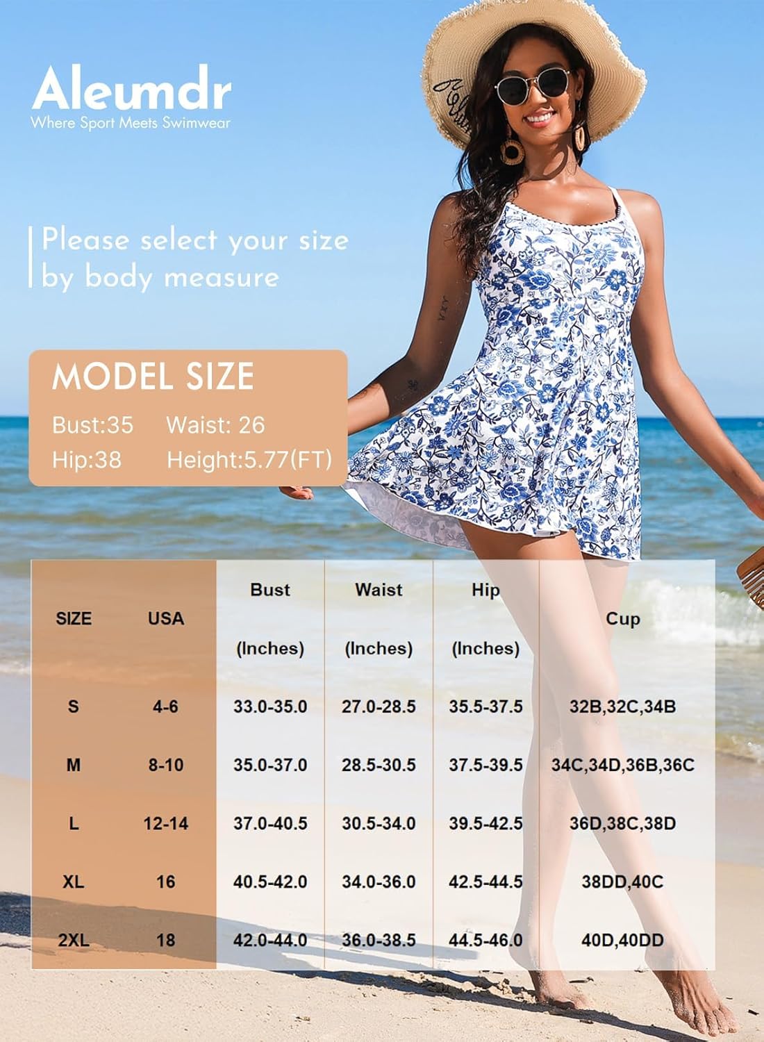 Aleumdr Women's One Piece Swimsuit Floral Print Whip Stitch Tummy Control Swimdress Skirt Bathing Suit with Pocket