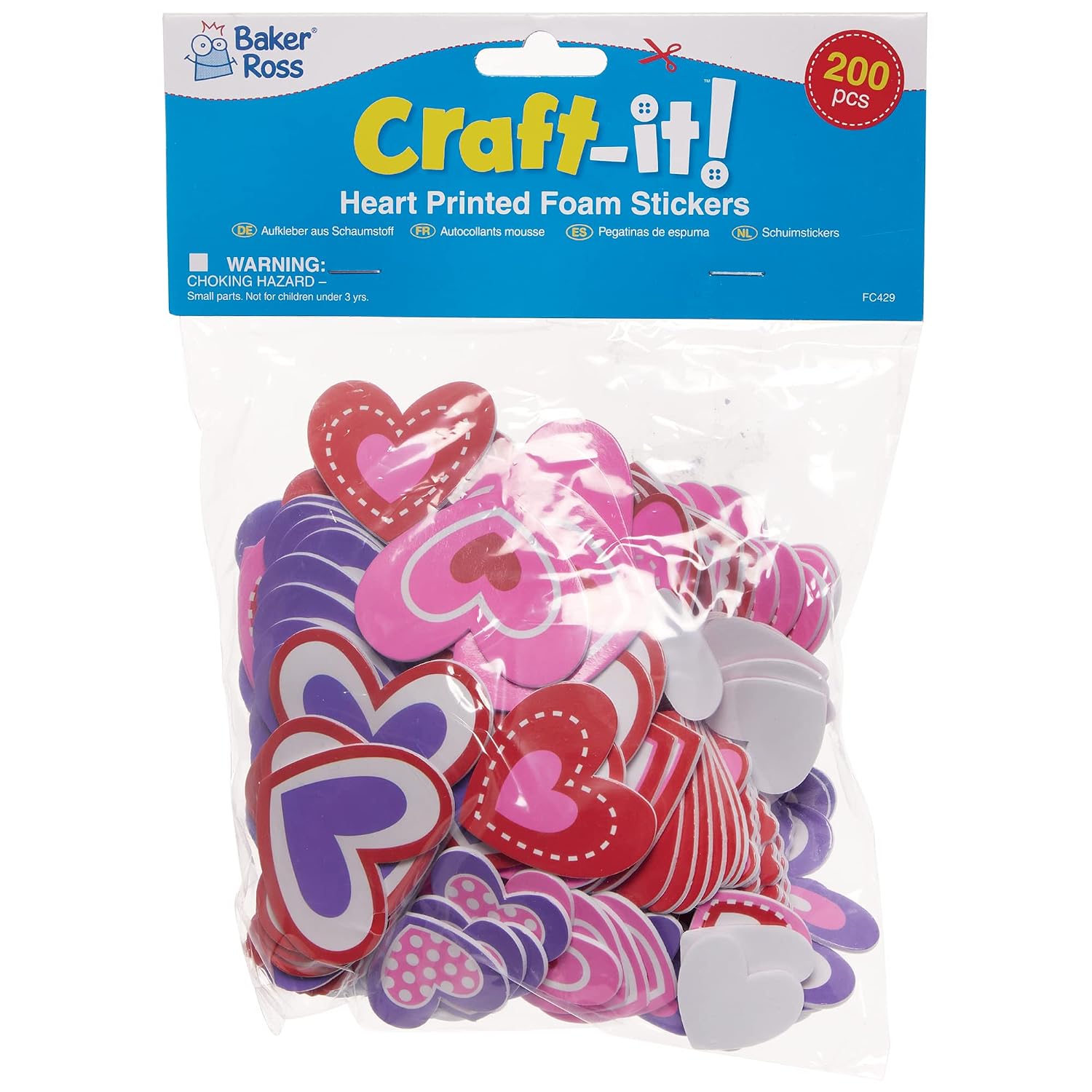 Baker Ross Heart Printed Foam Stickers - Pack of 200, Foam Valentine's Stickers for Children (FC429),Pink - Image 5
