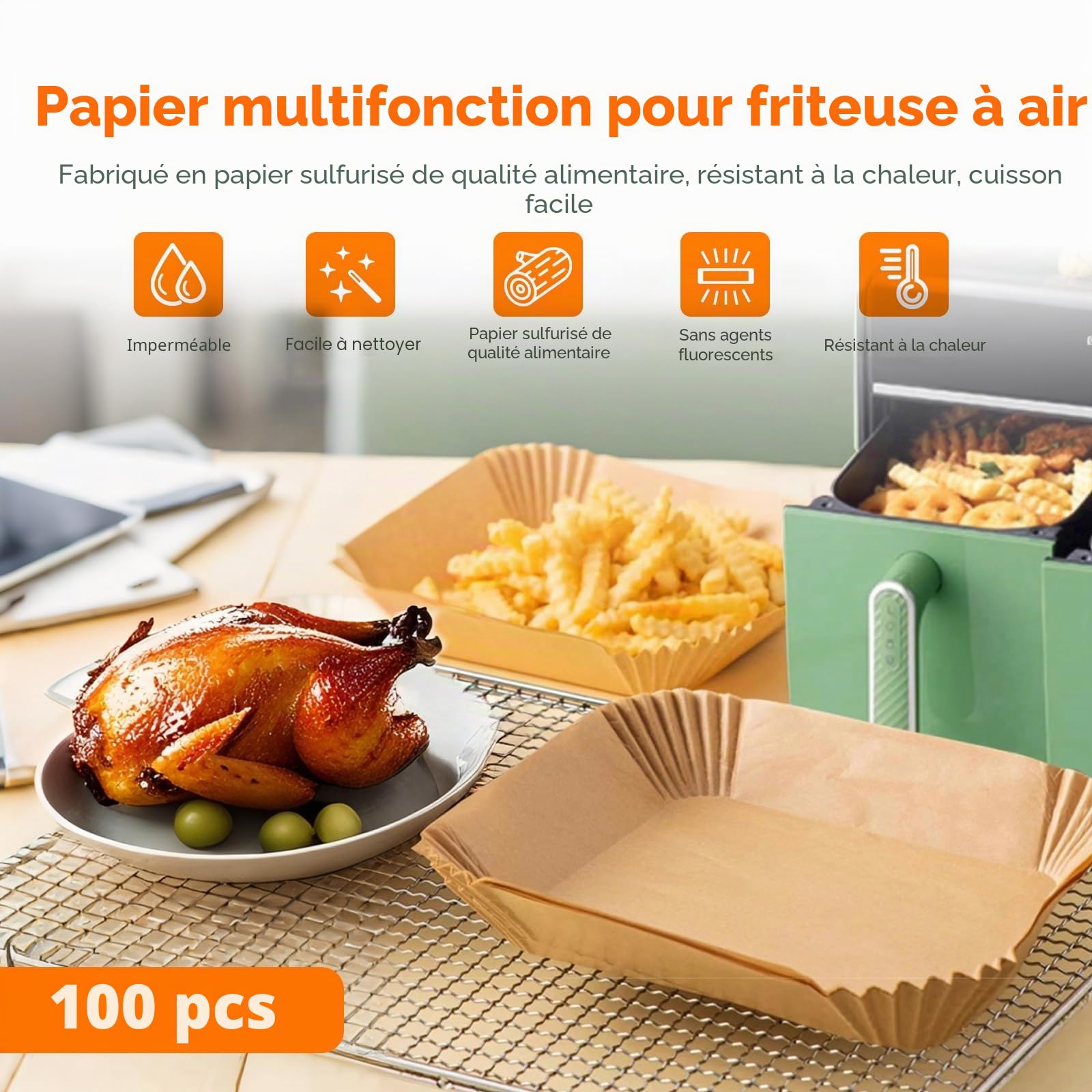 GRIFEMA Papier Air Fryer Rectangulaire 20,5 x 14 cm 100 Pièces Compatible Ninja Dual Zone AF300UK AF400UK Antiadhésif Jetable Sans BPA