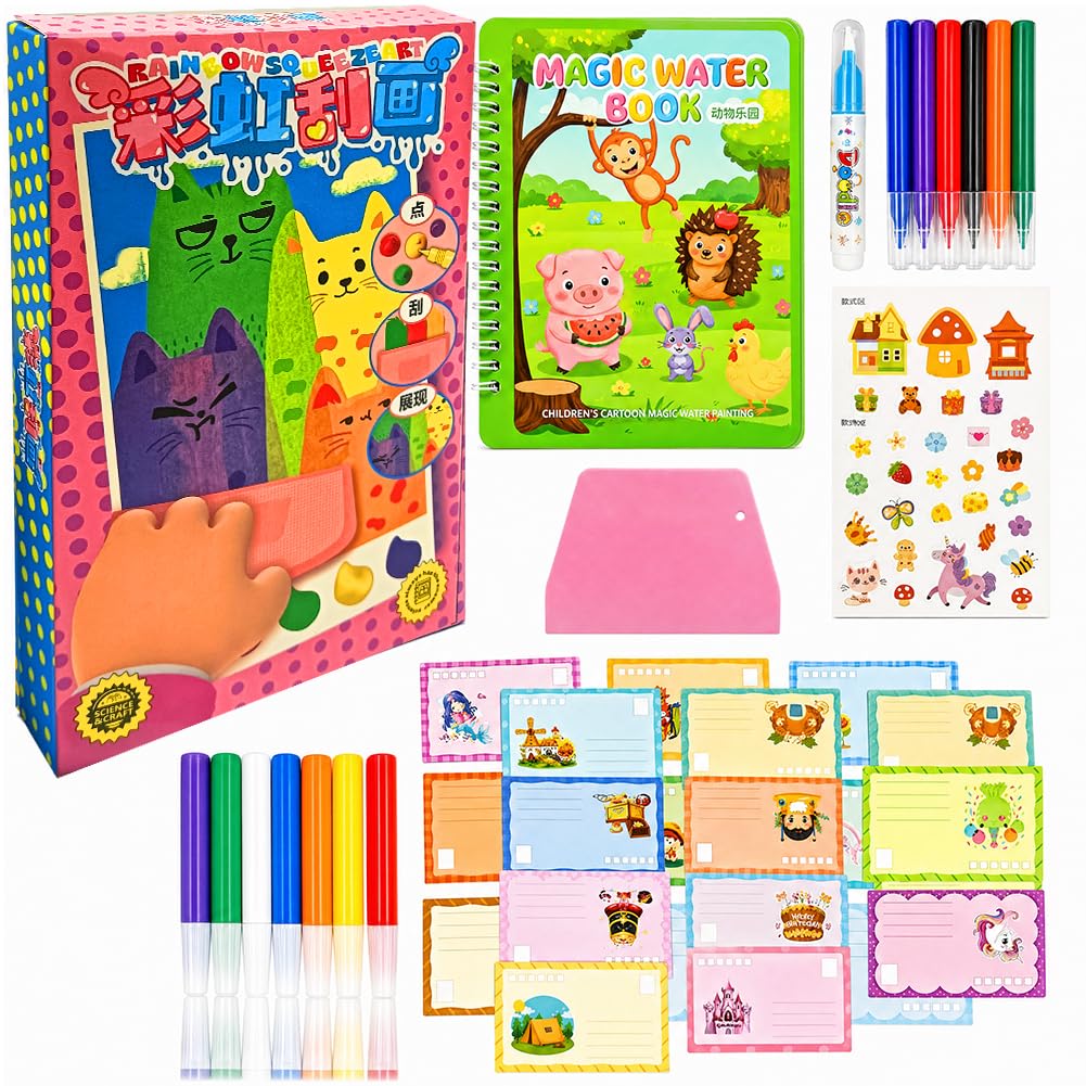 MYPPRFC Rainbow Scratch Painting, DIY Scratches Art Kit, Water Doodle Book Set, with 21 Postcards, 7 Paint Pens, 6 Markers, 1 Sticker, 1 Scraper, 1 Water Coloring Book, for Crafting, Relaxation