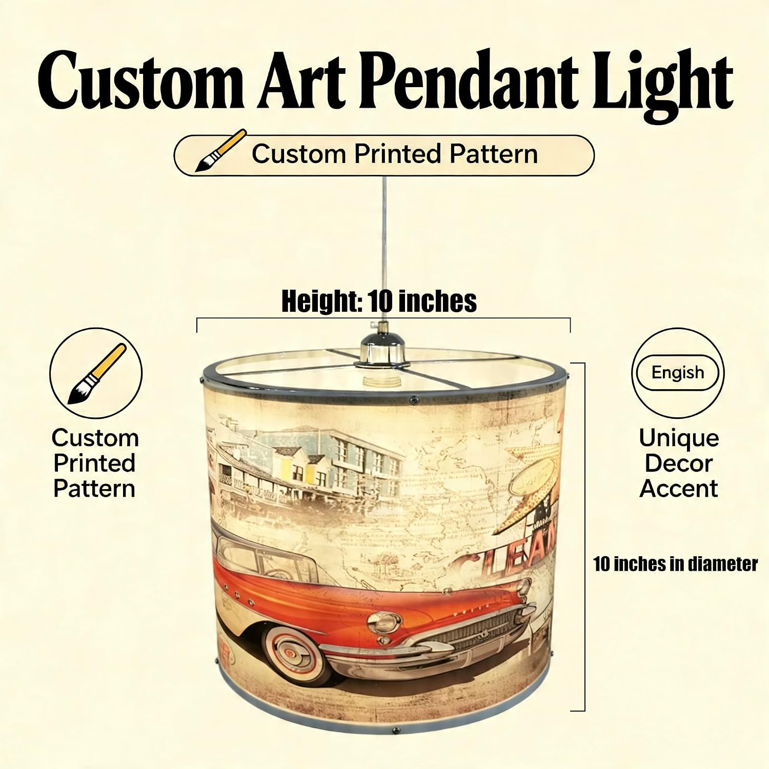 Boho Drum Picture Pendant Light, Modern Chandelier 10Inch Print Hanging Ceiling Lamp, E26 Vintage Pendant Lighting for Living Dining Room Kitchen Island Bedroom, Customizable Printed Indoor Lighting