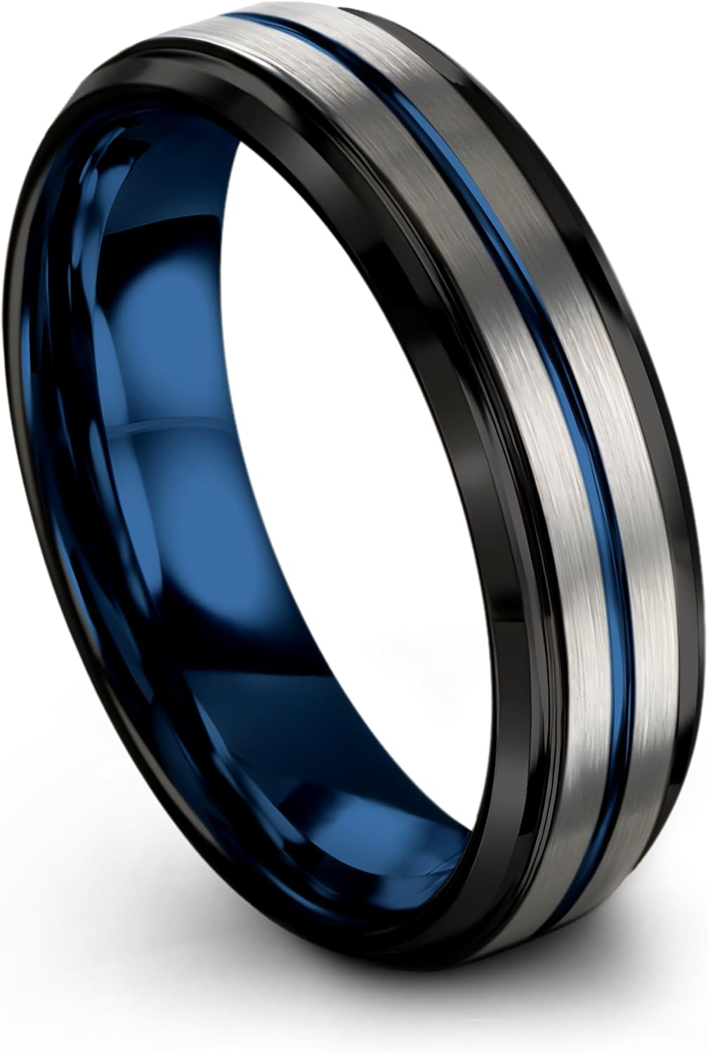 P. Manoukian Tungsten Carbide Wedding Band Ring 10mm for Men Women Blue Black Center Line Step Bevel Edge Black Brushed Polished Personalized Custom Engraving Anniversary Engagement