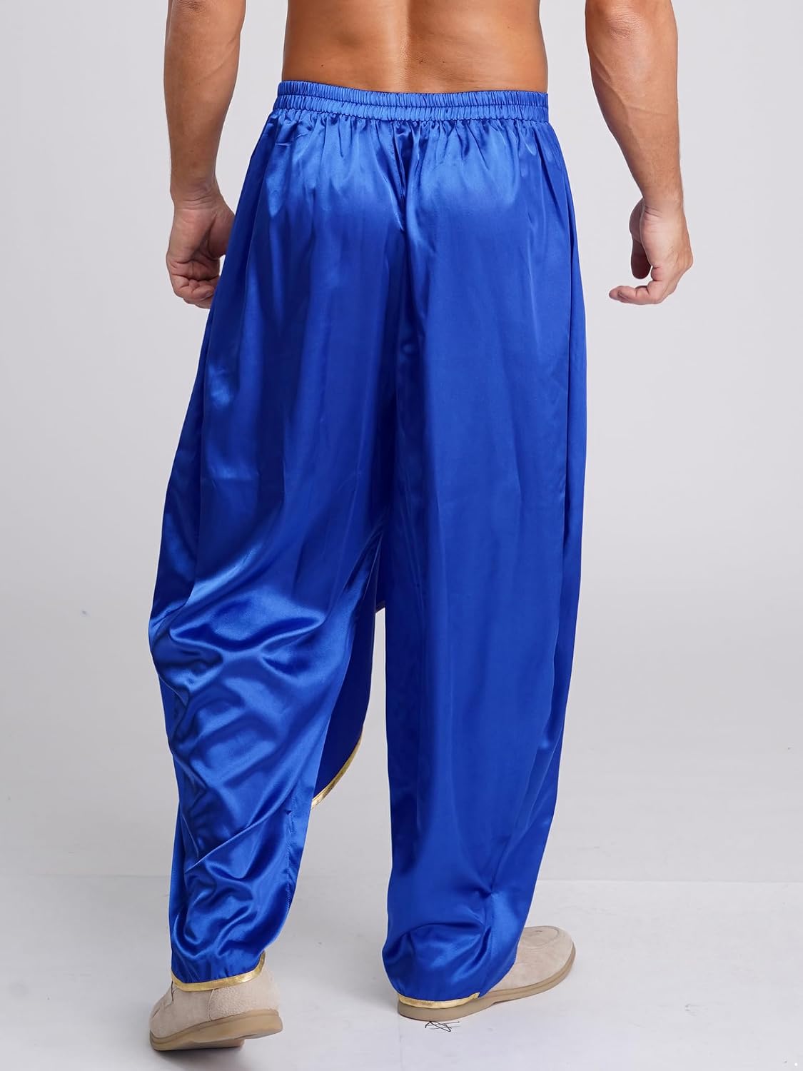 Jelory Men's Indian Costume Indian Dhoti Trousers Elastic Waist Dance Pants Shiny Satin Harem Pants
