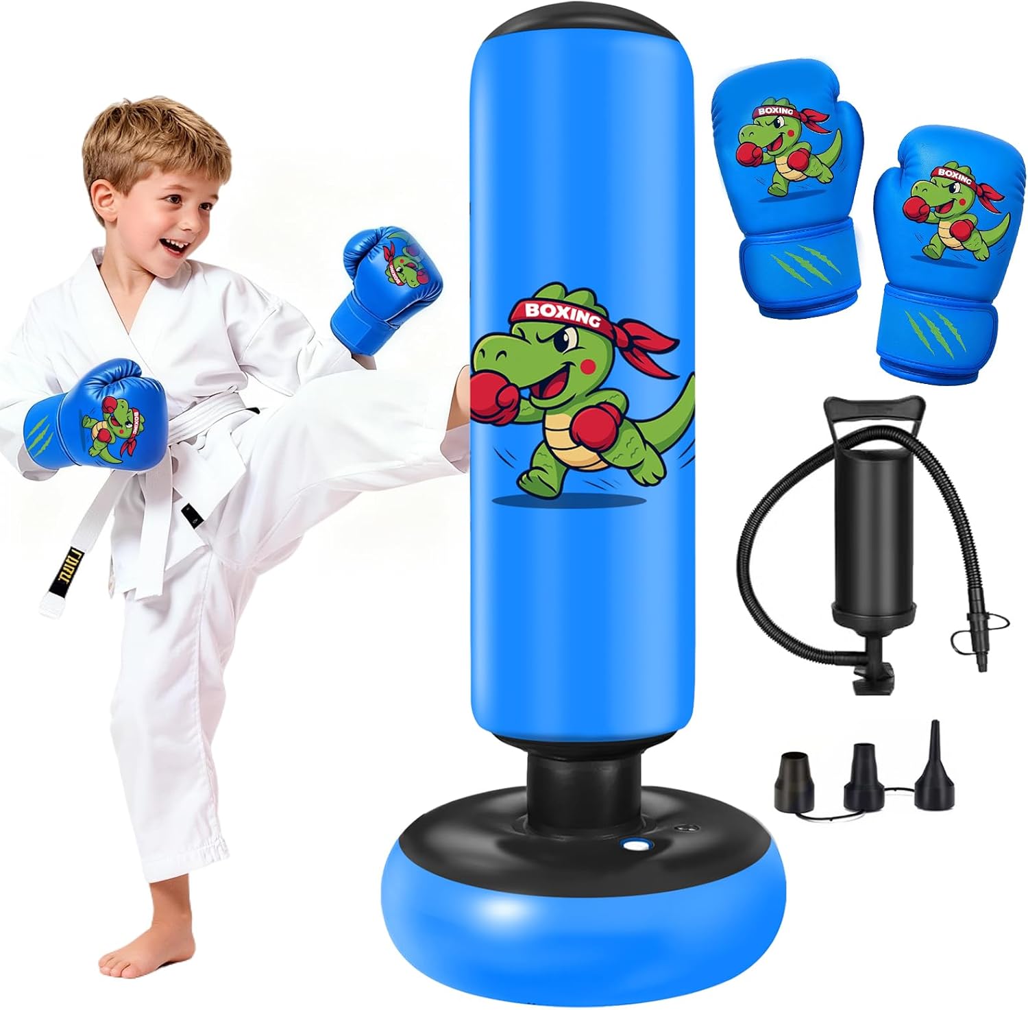 Inflatable Punching Bag for Kids: Qoosea 48 Inches Kids Punching Bags with Boxing Gloves & Air,Pump Blue Dinosaur Design Gift for Toddler & Kid Ages 3-10,Easy to Inflate,Durable Safe Punch Bag