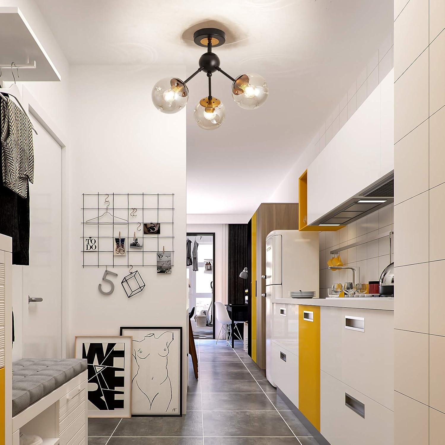 SZXYKEJI 3-Light Chandelier ，Vintage Semi Flush Mount Ceiling Light Fixture with Glass Globe， Black Ceiling Light for Hallway Stairway Porch Entryway Kitchen Bedroom Laundry Farmhouse..