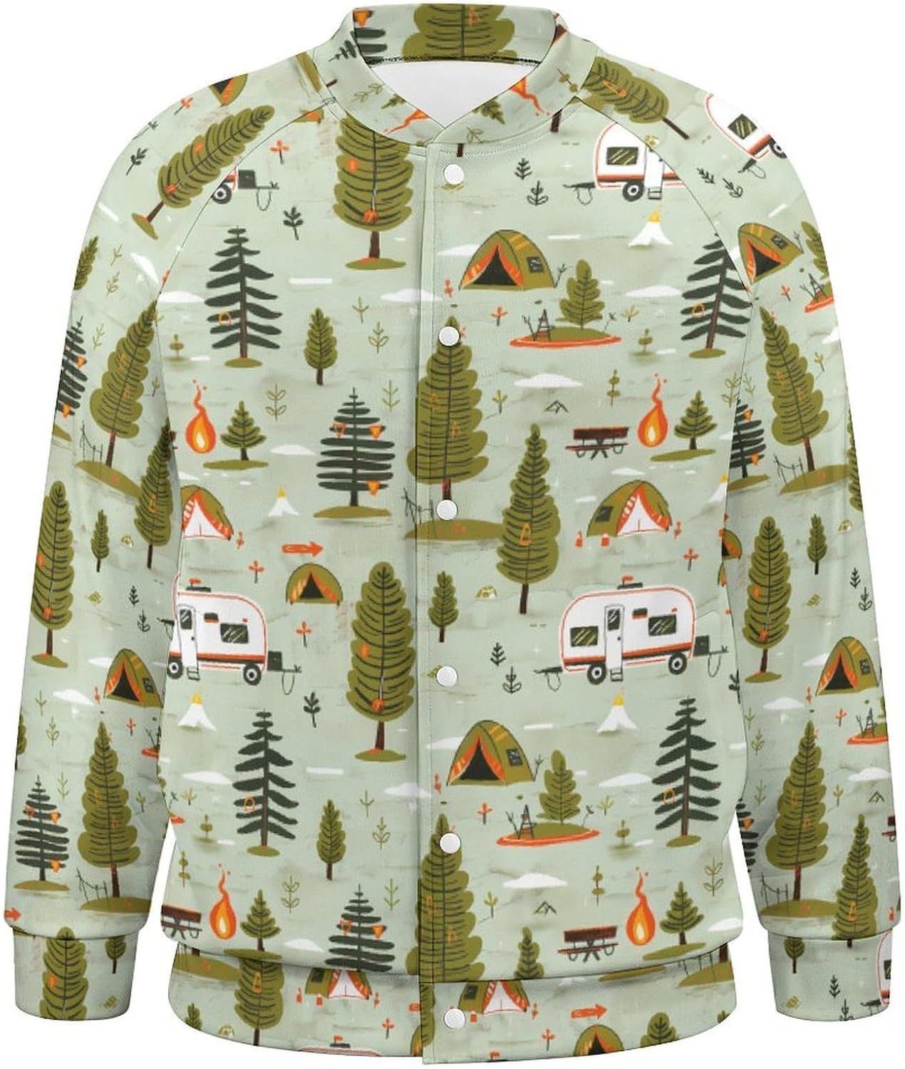 Camping Pattern Novelty Men's Baseball Jackets Causal Sweatshirt Button Top Long Sleeve Coat
