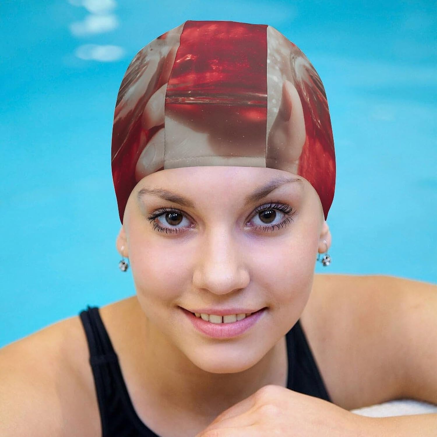 Woman Open Mouth Drinking Womens Swim Cap for Men Adult Swimming Hat Curly Short Medium Long Hair