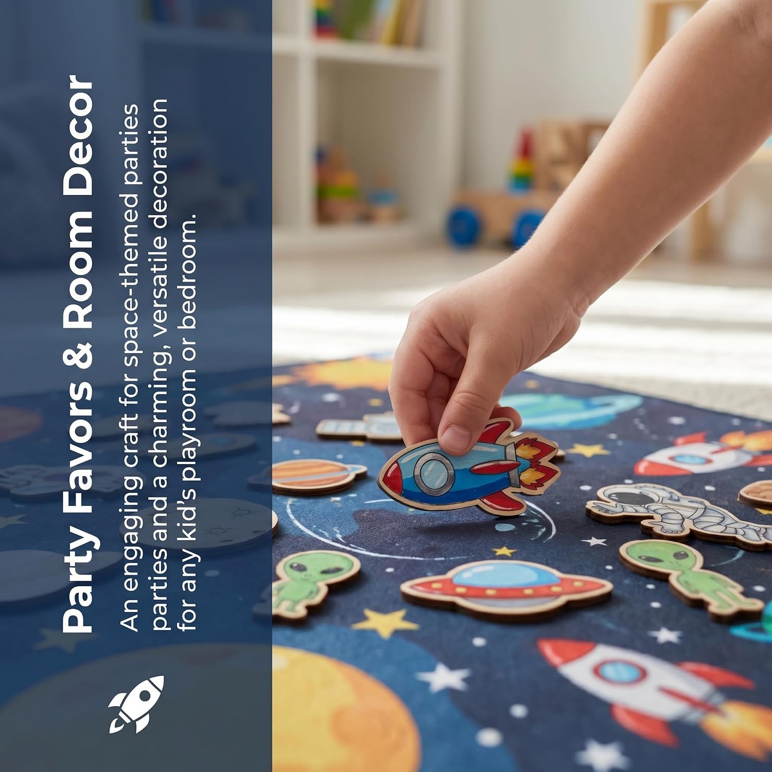 NUOBESTY 100Pcs Kids DIY Wooden Spaceship Pieces Unfinished Craft Kit for Creative Space-Themed Art Projects and Party Decorations