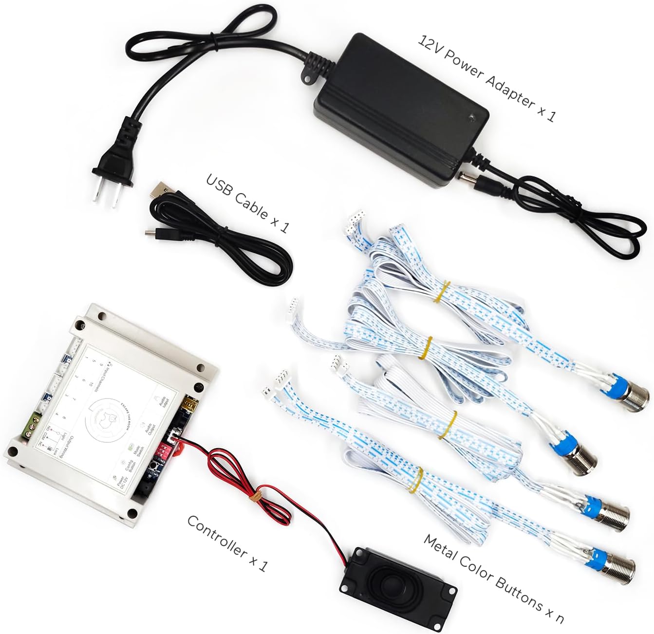 Image showing all components included in the BearHoHo 4-Button LED Escape Room Prop package: controller, four metal buttons, 12V power adapter, USB cable, and speaker.