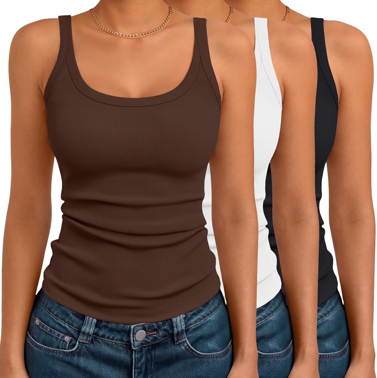 SUNBS 3-Pack Womens Ribbed Spaghetti Strap Tank Top, Sleeveless Summer Camisole, Cute Going Out & Vacation Outfits for Teens