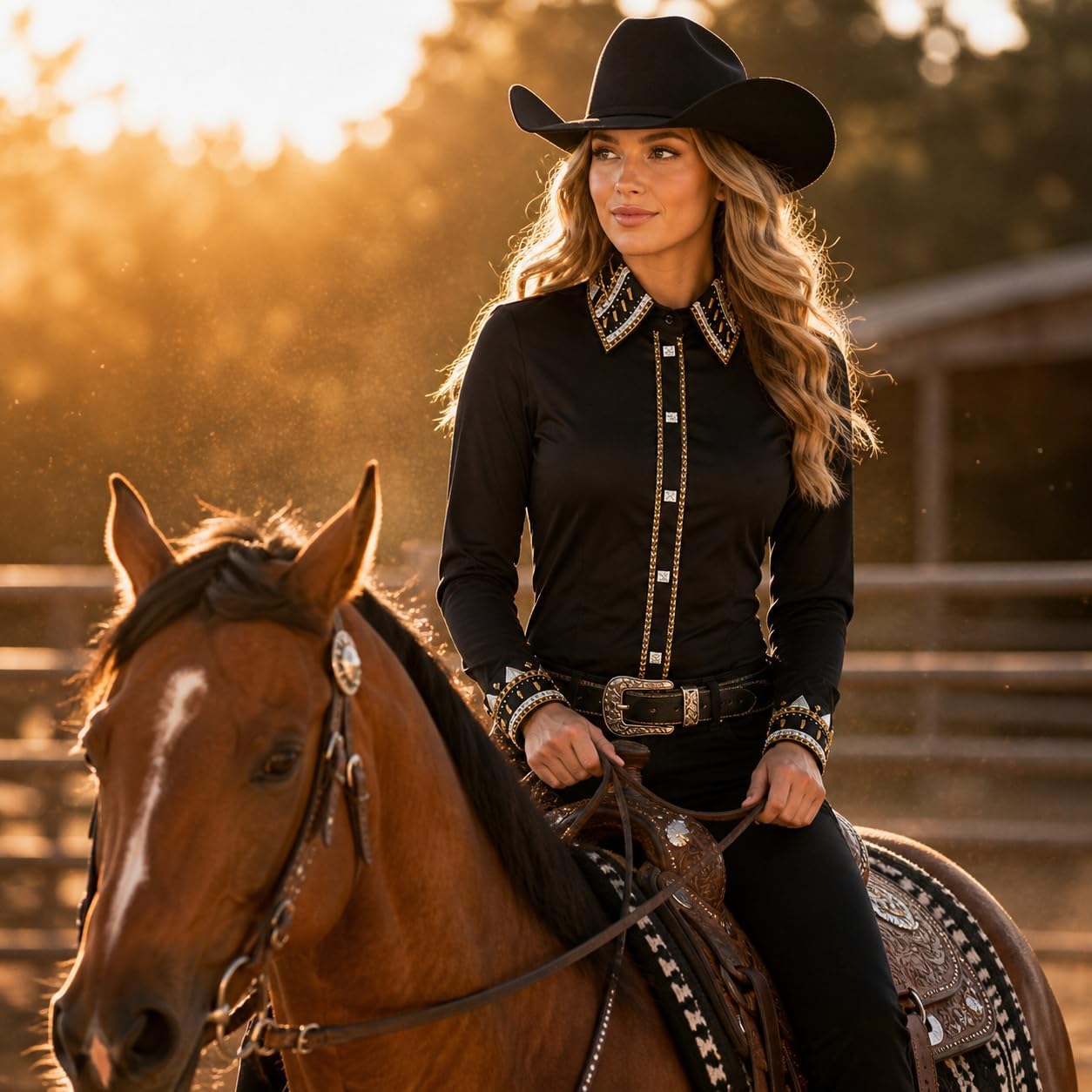 Women’s Black Rhinestone Showmanship Shirt Western Gold Trim Studded Show Shirt