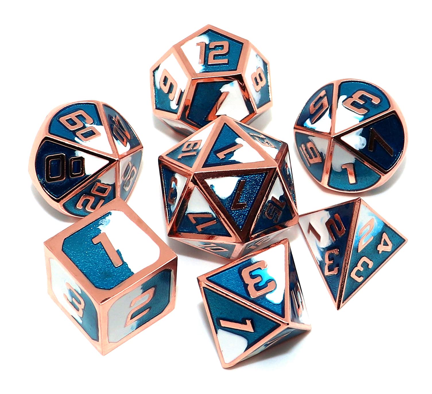 CREEBUY DND Dice Set Teal White Metal Polyhedral Dice for Dungeon and Dragons D&D RPG MTG Table Games Alloy Crafts Dice with Dice Bag