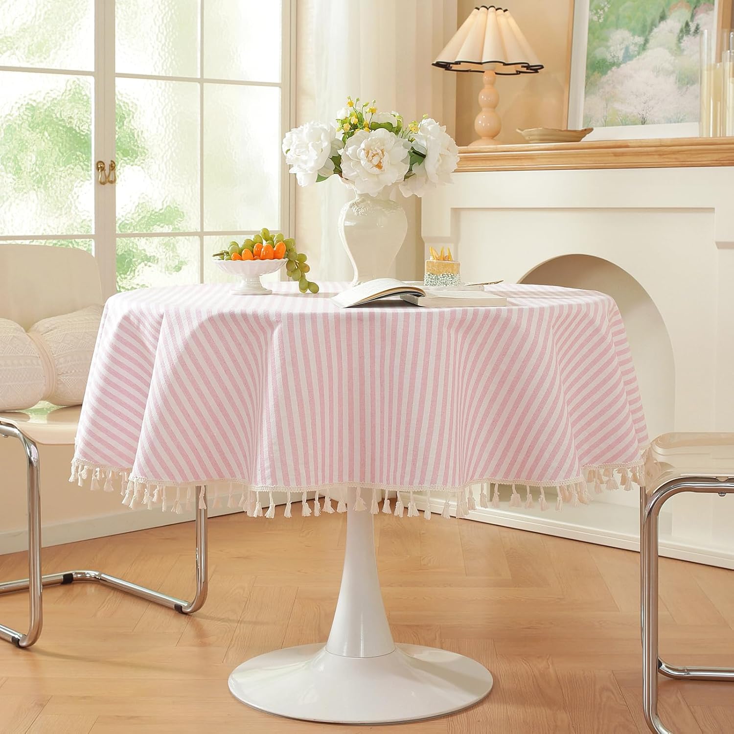 meioro Striped Round Tablecloth, Cotton Blend Fabric Pink Circle Table Cloth with Tassel, Washable Wrinkle Free Table Cover Cute Small Tablecloths for Card Coffee Tables Home Party - Round 60 Inch