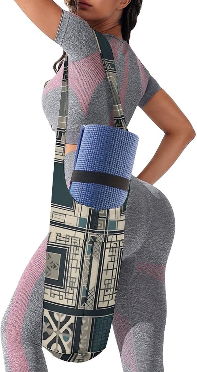 Yoga Mat Carrying Bag,Blue Square Pattern Printed Women's Yoga Bag with Multi-Functional Storage Pockets,Large Yoga Mat Bag Fits Most Size Yoga Mats
