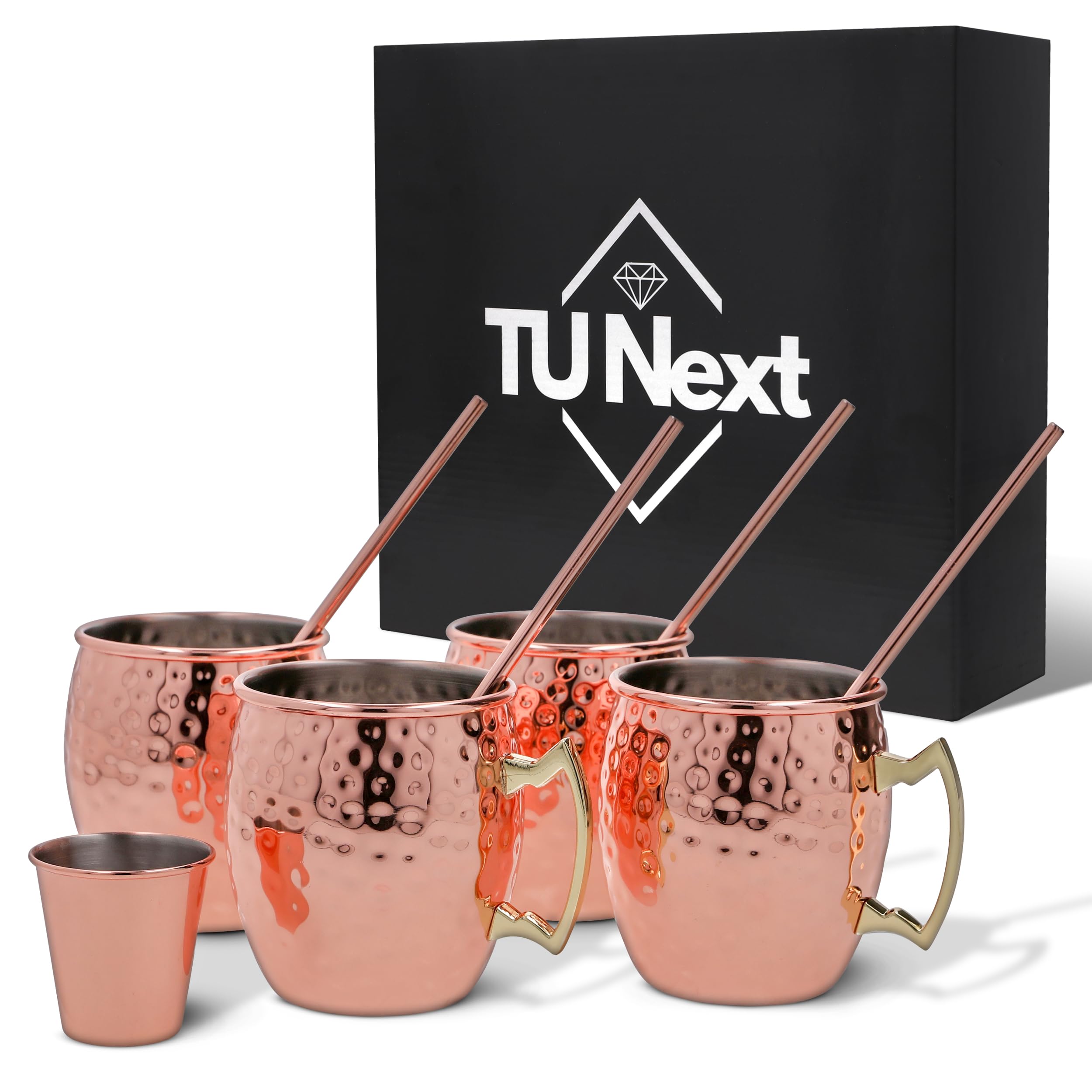 TU Next Moscow Mule Mugs - 16oz Hammered Copper Mugs Set of 4 with 4 Copper Straws, 1 Shot Glass - Cups with Stainless Steel Lining for Bars, Gift Packaging, Beers, Wines - Perfect for Drinking