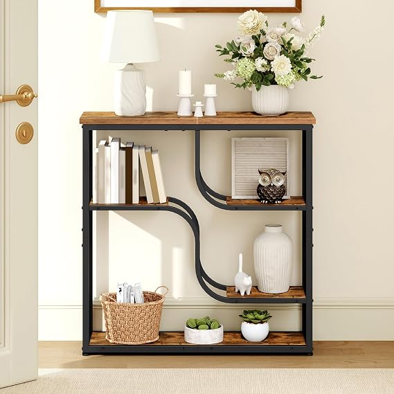 HOOBRO 4-Tier Slim Console Table for Hallway, Narrow Hallway Table with Storage Shelves, Behind Sofa Table for Small Space, living Rooms, Entryway, Bedroom, Rustic Brown and Black EBF69XG01