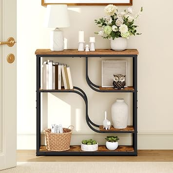 HOOBRO 4-Tier Slim Console Table for Hallway, Narrow Hallway Table with Storage Shelves, Behind Sofa Table for Small Space, living Rooms, Entryway, Bedroom, Rustic Brown and Black EBF69XG01