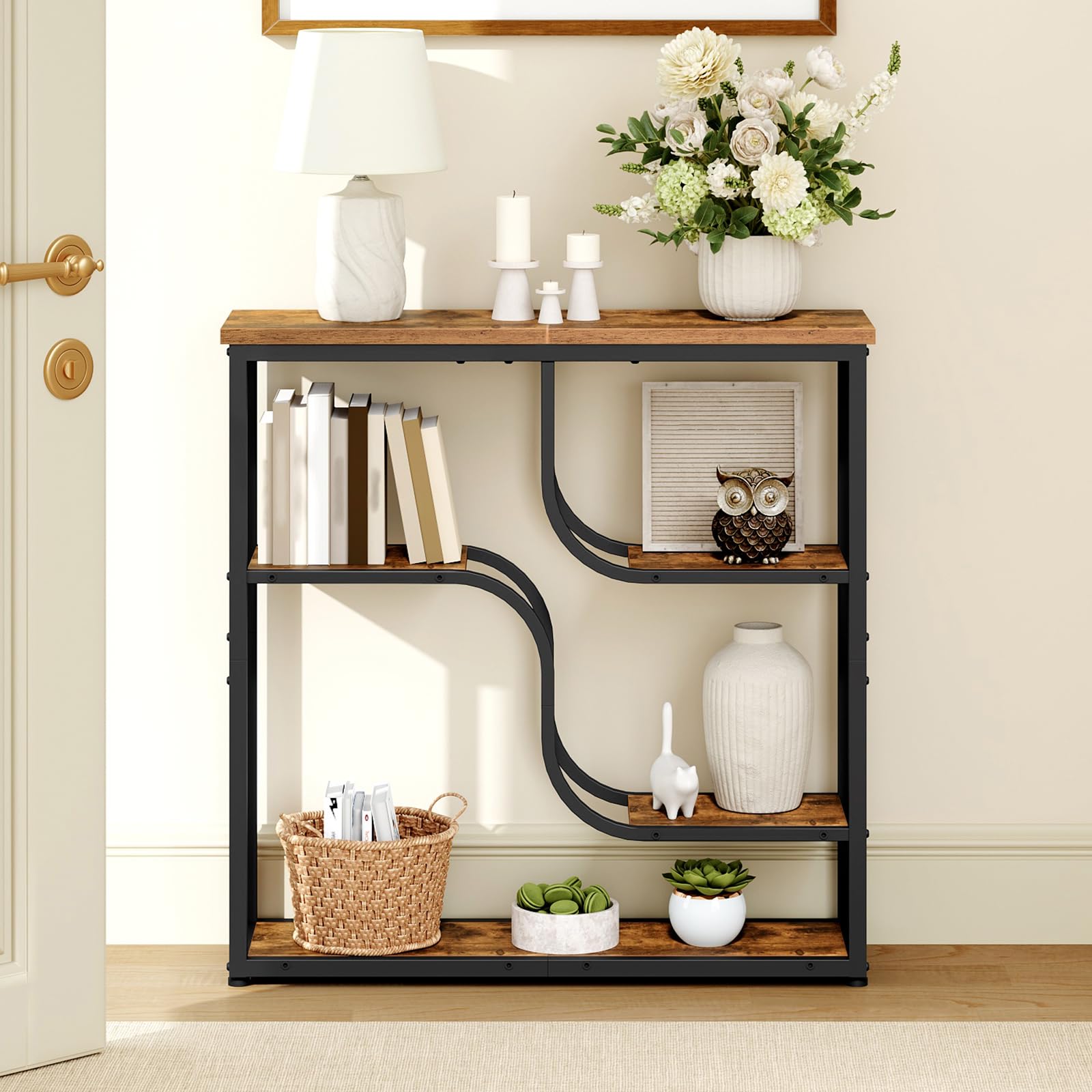HOOBRO Console Meuble Étroite à 5 Étages, Table d’Entrée Style Industriel Rétro, pour Entrée, Salon, Couloir, Cadre en Fer et Plateau à Motifs de Bois, Marron Rustique et Noir EBF69XG01