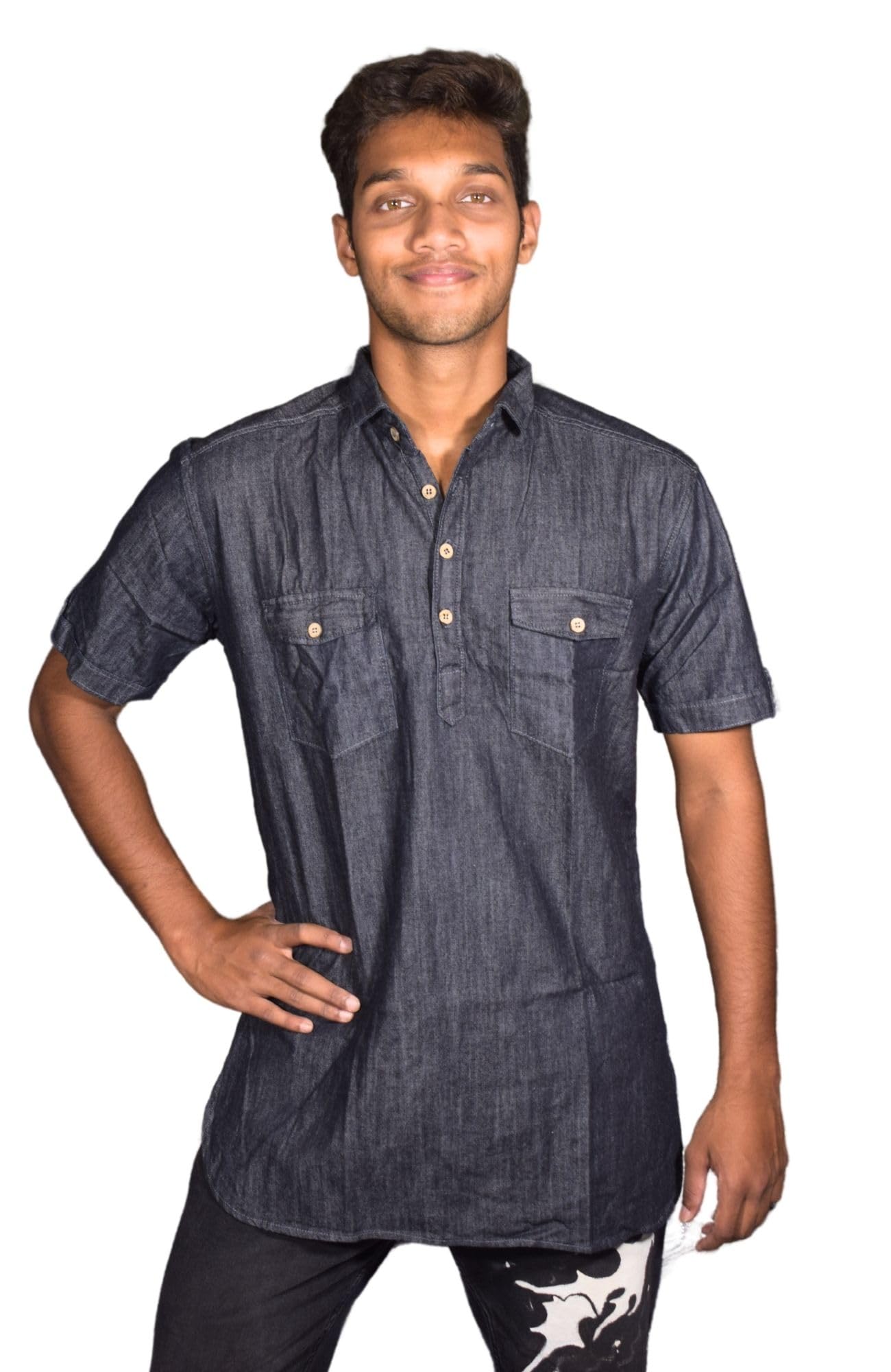 denimking Men Denim Half Kurta | Tailored Fit | Mandarin Collar – Perfect for Traditional Occasions-picture-41