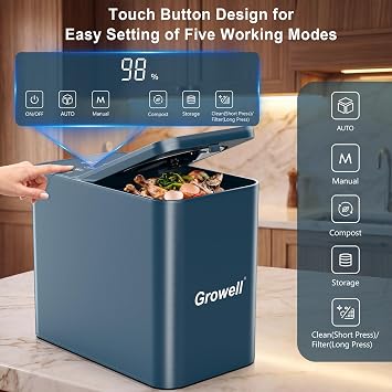 Growell Electric Composter for Kitchen, 3.2L Smart Countertop Compost Bin, Low Noise, Odorless, Indoor Food Waste Composter with LED Display, Auto-Cleaning, Turn Food Waste into Fertilizer,EC04