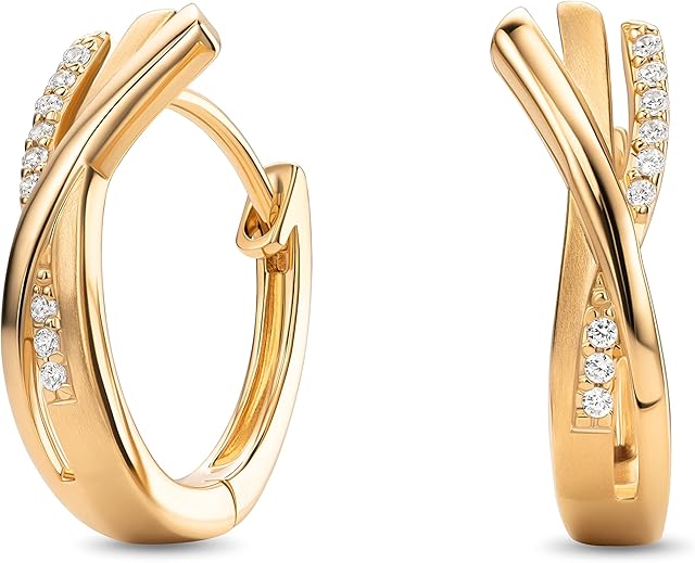 Miore 925 Sterling Silver- Gold Plated Crossover Hoop Earrings with 18 Clear Zirconia Crystals 0.18 kt for Women, 6 x 16.5 mm, Skin Friendly, Gift Box Included