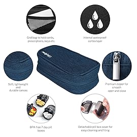 Serfeymi Weekly Travel Pill Organizer 2 Times A Day AM PM Upgraded Black Pill Box 7 Day with Portable Zipper Canvas Pill Case, Medicine Organizer for Pills, Vitamins, Supplements, Fish Oils - Blue 01