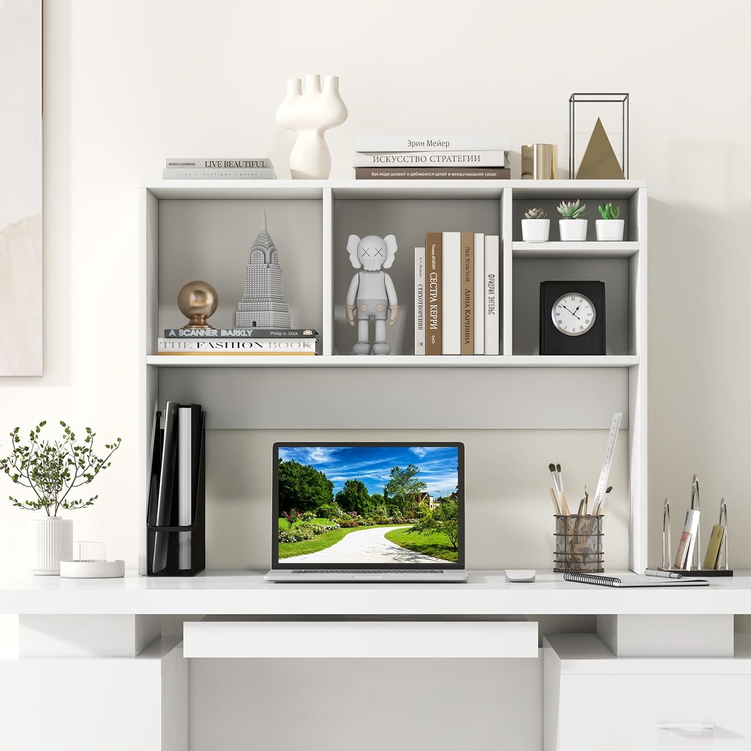 Giantex Desktop Bookshelf, Countertop Storage Hutch with 4 Shelves for Computer Desk, Dressing Tabletop Display Rack, Multipurpose Desk Hutch Storage Organizer for Home Office Dorm, White