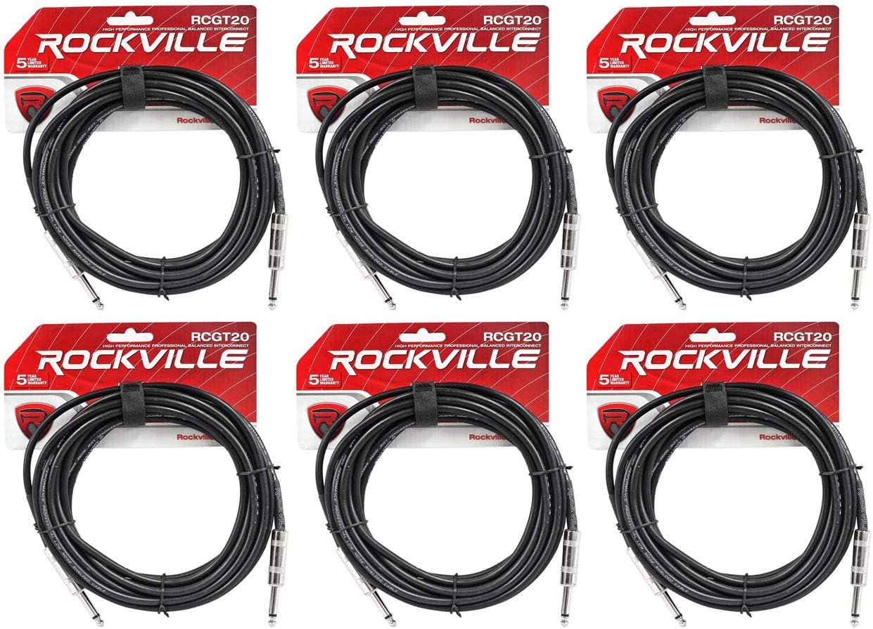 Rockville (6) RCGT20B 20フィート 1/4インチ TS to 1/4インチ TS 計器ケーブル - ブラック
